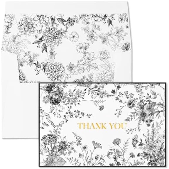 Black Floral Thank You Cards with Envelopes and Stickers, 50 Pack Wedding Thank You Notes Bulk for Bridal Shower Baby Shower Business Graduation, All Occasion