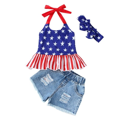 

DTBPRQ 4th of July Toddler Girl Outfit American Flag Halter Top Girls Ripped Jeans Denim Shorts Baby Girl Summer Clothes