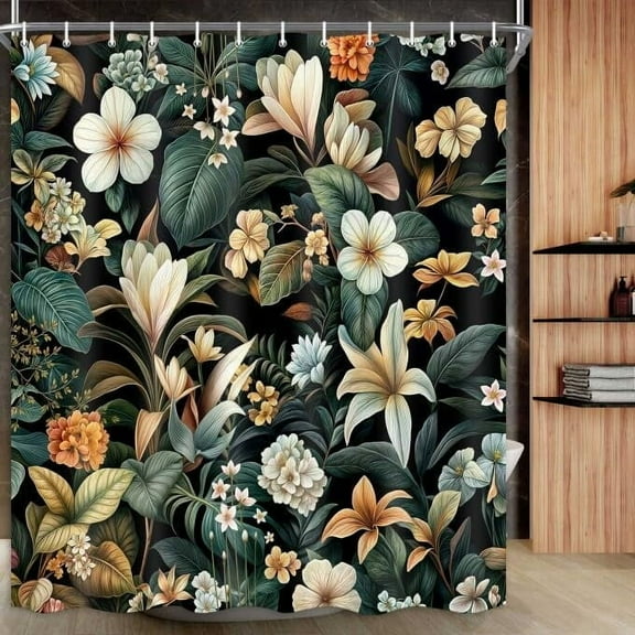 Green Botanical Shower Curtain for Bathroom, Dark Green Floral Shower Curtain Boho Plants Bathroom Curtain Decor, Waterproof Boho Floral Shower Curtain with 12 Hooks 60x72 Inch
