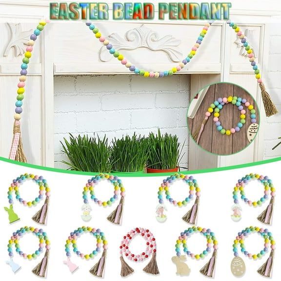 Easter Wood Bead Garland Easter Tiered Tray Decoration Hanging Garlands Easter Egg Shaped Wooden Farmhouse Beads Garlands for Home Easter Holiday Party