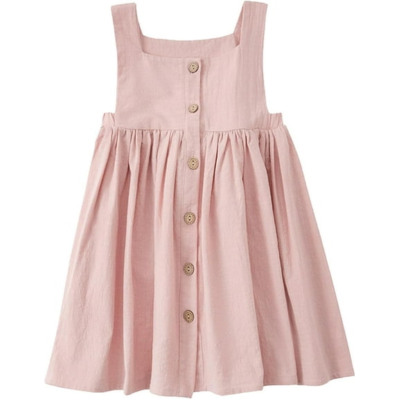 Toddler Girl Cotton Linen Dress Sleeveless Button Summer Beach Sundress
