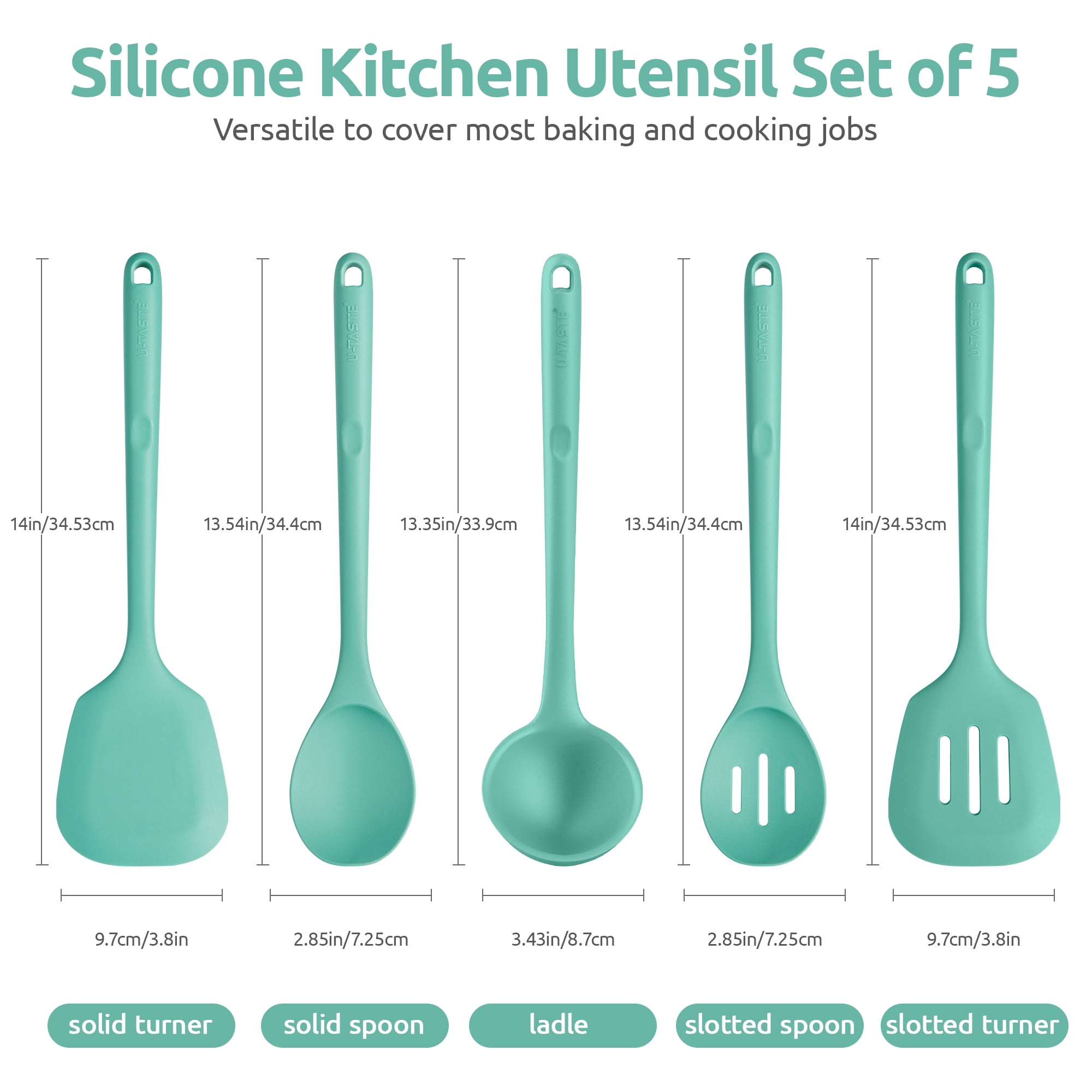 Silicone Kitchen Cooking Utensil Set: U-Taste 446°F Heat Resistant 13.6in Long Kitchen Gadget, BPA Free Non Stick Rubber Cook Accessories For Stir Fry, Serving, Basting, Mixing (5 Pieces, Aqua Sky)