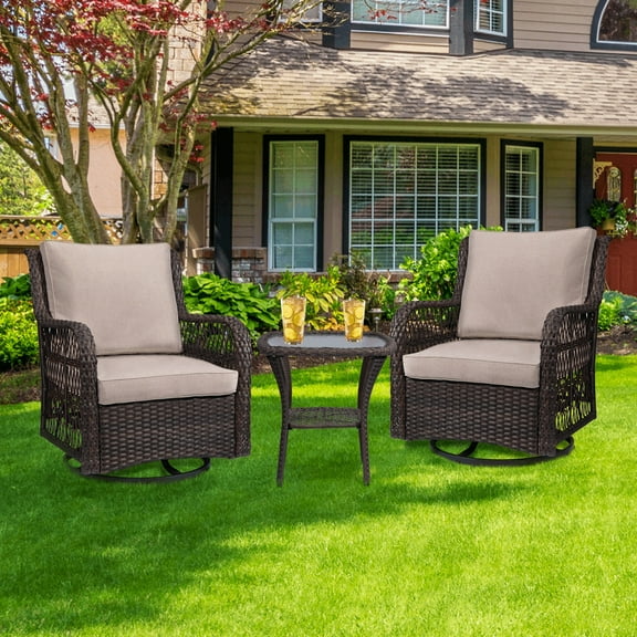 Outdoor Swivel Rocker Patio Chairs Set of 2 with Matching Side Table – 3-Piece Wicker Bistro Set with Premium Fabric Cushions
