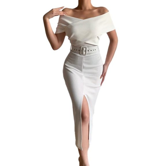 Aellinatey Slim Fit Sexy High Split Long Midi Dress for Women, Elegant Off-Shoulder Bodycon Evening Gown Cocktail