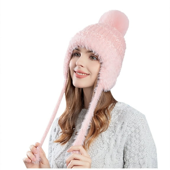Eltusu Women Beanie Hat with Ear Flaps, Winter Outdoor Comfort Windproof Warm Hat Pink Size Free Size