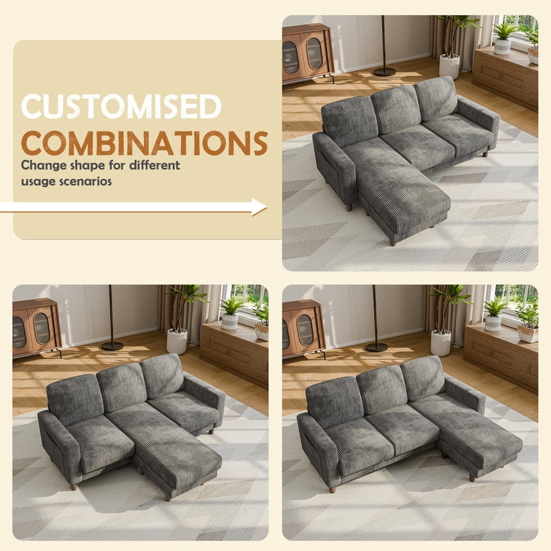 Lacoo 3 Seat Sectional Sofa L-Shaped Couch with Reversible Ottoman Convertible Cloud Couch for Living Room,Corduroy Gray