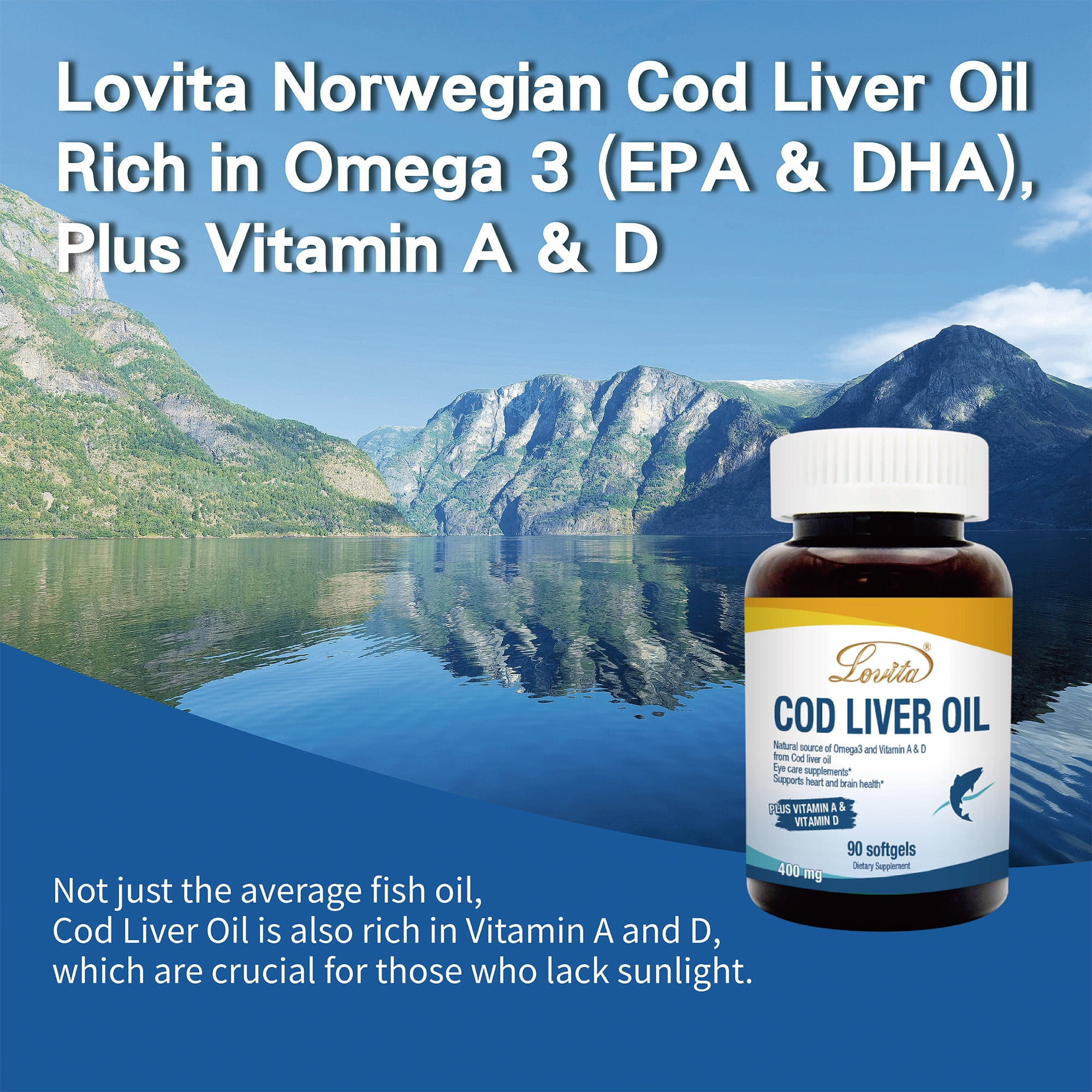 Lovita Natural Norwegian Cod Liver Oil 400mg, High Absorption TG Form, Omega-3 DHA & EPA with Vitamin A & D, Easy-to-Swallow, Non-Fishy, 90 Mini Softgels (Pack of 3)