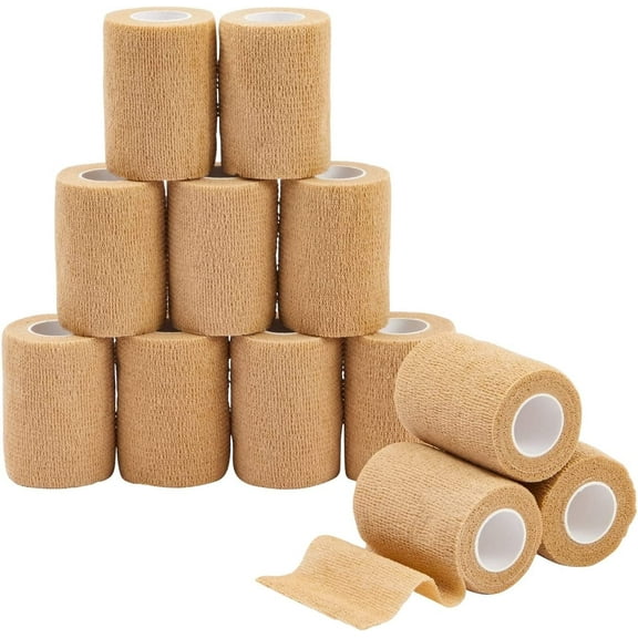 12-Rolls of Tan Medical Self Adhesive Bandage Wrap 3 Inch x 5 Yards, Breathable Cohesive Vet Tape for First Aid Kits, Sports Injuries, Wrists, Ankles, Athletics