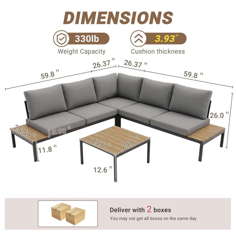 4-Piece Patio Furniture Sofa Set with Coffee Tables and Cushions, Modern L-Shaped Outdoor Sectional Sofa Set with Side Storage for Garden, Backyard, Poolside