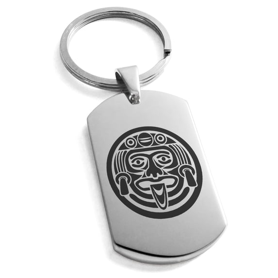 Stainless Steel Aztec Mask Rune Engraved Dog Tag Keychain Keyring