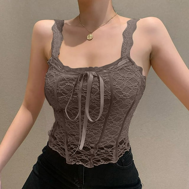 LSLJS Débardeurs à Bretelles Spaghetti pour Femmes Mode Femmes Débardeurs à Col Rond Ajouré Gilet Dames Coupe Ajustée Court Tops Unis