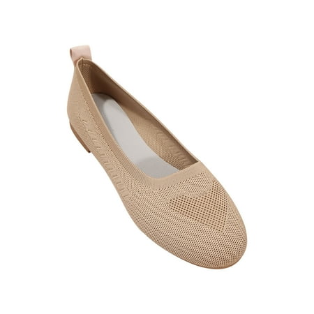 hopeusnice Clearance Women s Knitted Flats Comfortable Breathable Shoes Slip On Ballerina Flats Soft Sole Walking Shoes Beige 39
