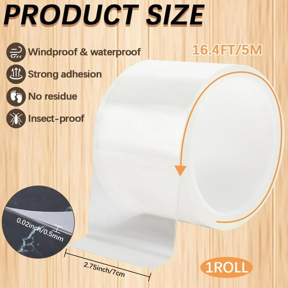 1 roll Transparent Window Weather Sealing Tape Stripping Clear Gap Insulation Single Sided Adhesive Tapes Strong Sticky for Shower Glass Gaps Doors Windows Windproof 16.4 Ftx2.7 Inch