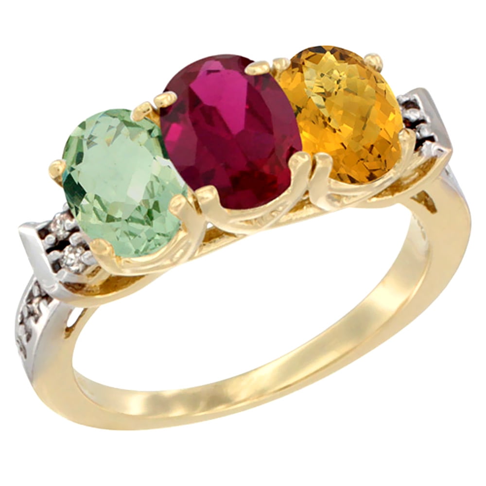 10K Yellow Gold Natural Green Amethyst, Enhanced Ruby & Natural Whisky Quartz Ring 3-Stone Oval 7x5 mm Diamond Accent,... by WorldJewels