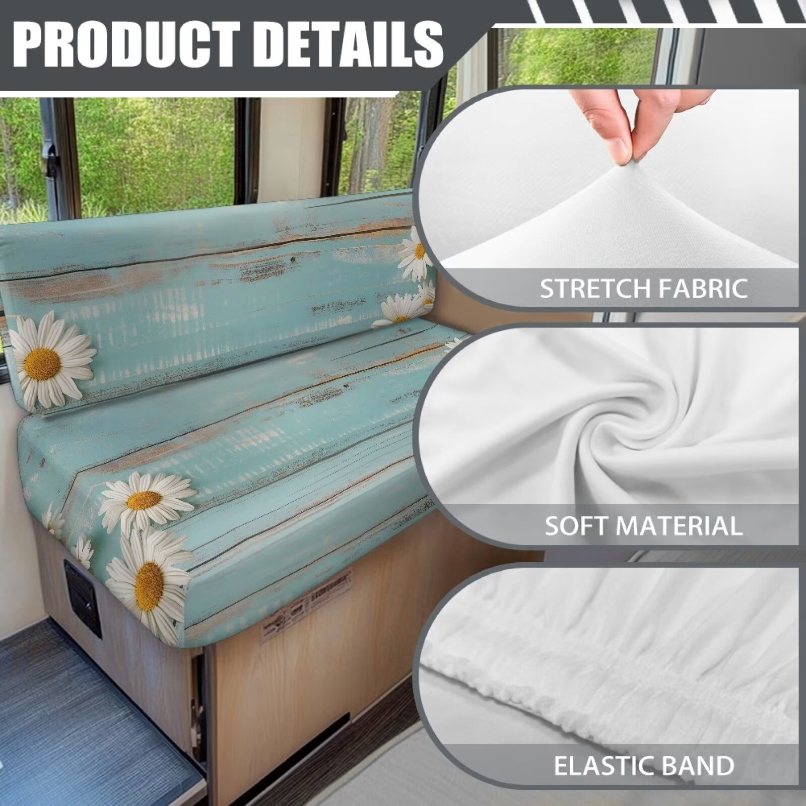 Boatee Beautiful Daisy RV Dinette Cushion Covers Universal Camper Accessories Comfortable Cushion Covers for Couches and Sofas Soft Sofa Slip Covers for 2 Seat Cushion Couch Blue