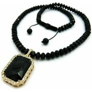 Hip Hop Unisex Bling Iced Black Gemstone Pendant & 8mm 24" Black Bead Chain Jewelry Necklace Set Perfect Gift