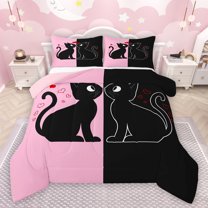 jejeloiu Romantic Valentine'S Day Queen Comforter Set,Cute Cat Kitten Bedding Sets,Pink Black Bedding Comforter Set For Girls,Ultra Soft Home Decor Reversible,3pcs