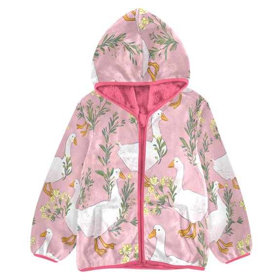 BZSMCE Double-Sided Sherpa Fleece Hooded Zipper Jacket Pink Goose Pattern Print Warm Outerwear