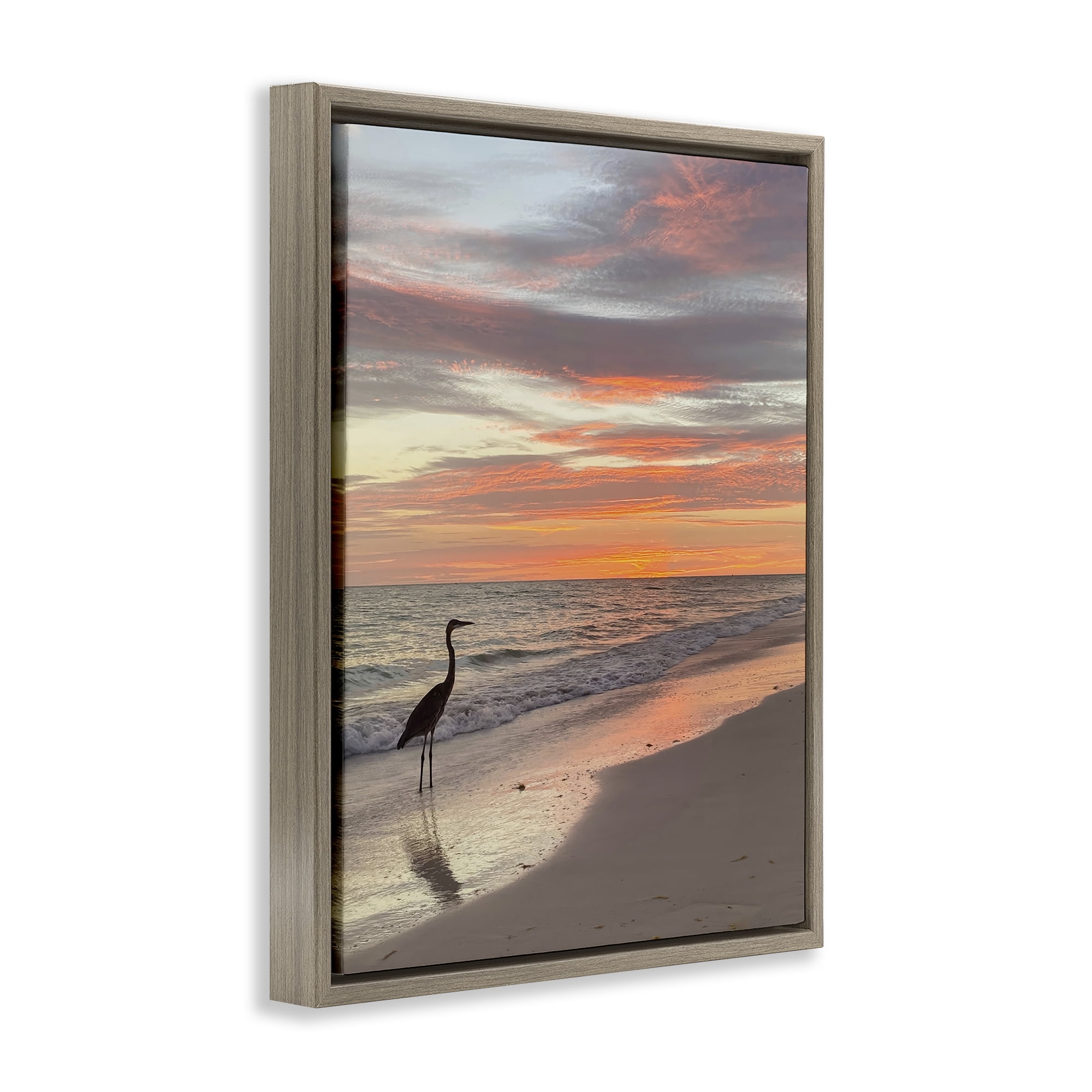Stupell Industries Lone Egret on Beach Nautical & Beach Photography Brown Floater Framed Canvas Art Print Wall Art, 17 x 21
