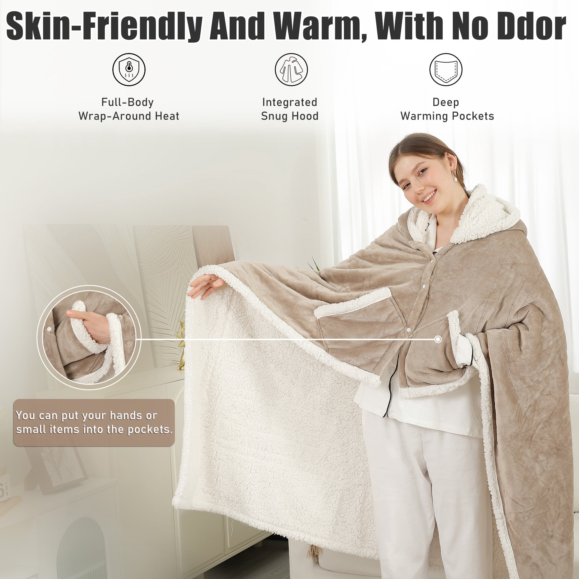 TRUSTWARMTH Wearable Heated Throw Blanket 50"*64", Electric Heated Throw Blanket Wrap Poncho with Hood Pockets, 6 Heating Levels & 4 Hours Time Settings, Machine Washable, Beige