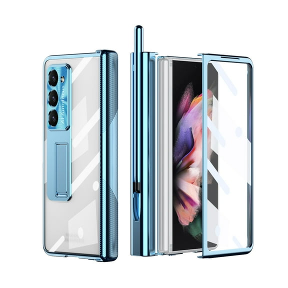 Feishell for Samsung Galaxy Z Fold5 Case with Two Hinge Protection & S Pen,Transparent Plating Magnetic Hinge Hidden Kickstand Pen Holder Built-in Screen Protector All-inclusive Phone Case,Blue