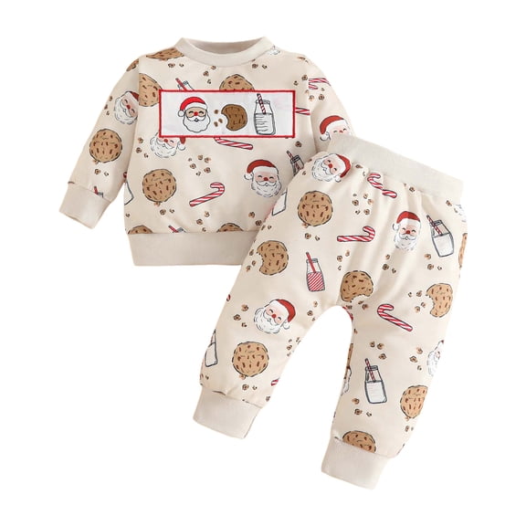 Zaveiop Toddler Baby Boy Christmas Outfits Long Sleeve Santa Claus Print Pullover Sweatshirt Joggers Pants Fall Winter Clothes (Beige,18-24 Months)