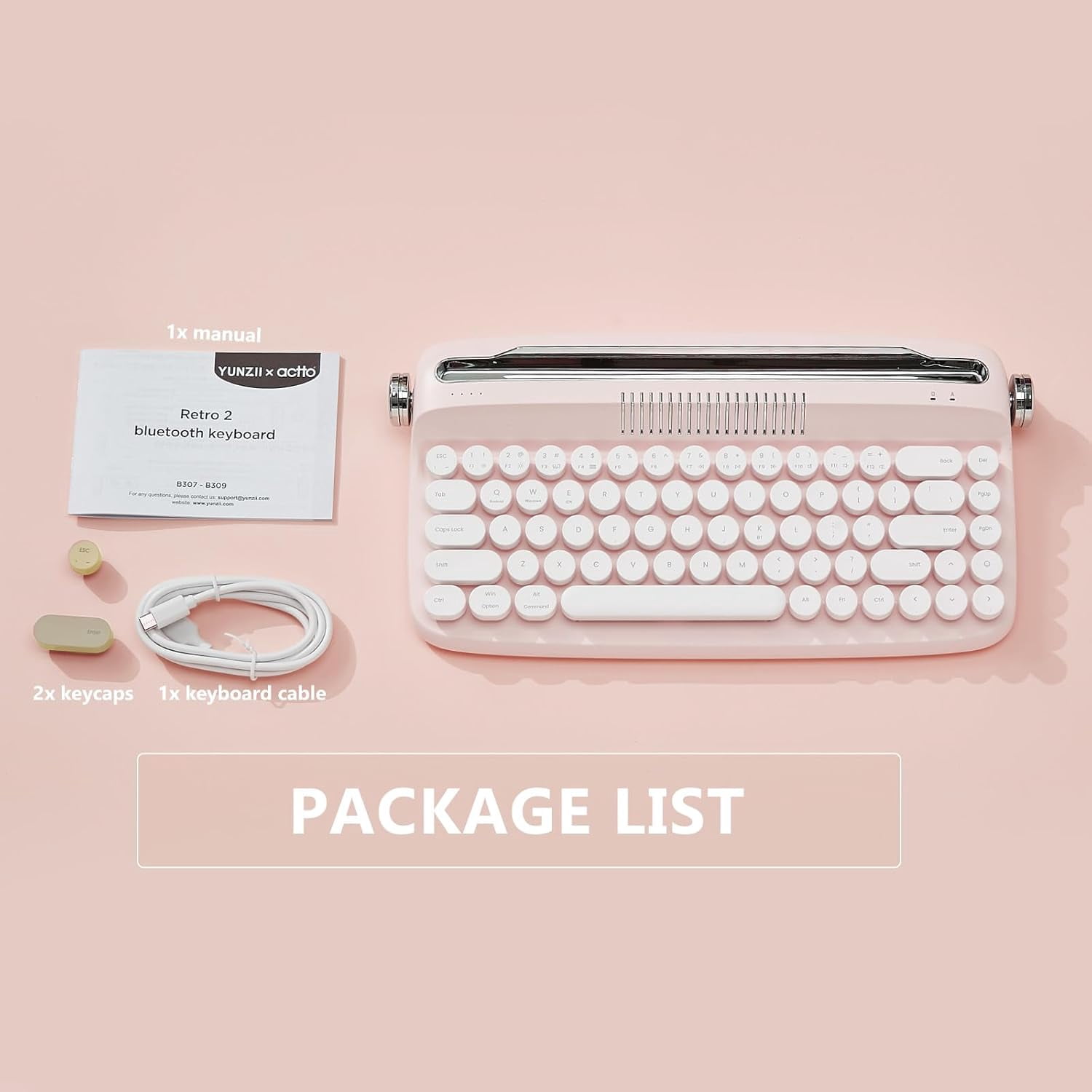 YUNZII Retro Wireless Typewriter Keyboard with Stand, USB-C/Bluetooth, Cute Round Keycaps,Stand for Table, Phone, PC and Win/Mac/Android,Pink