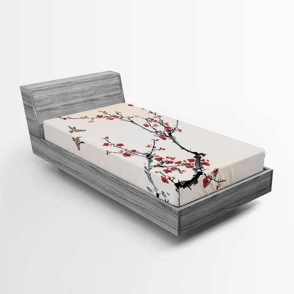 Ambesonne Floral Fitted Sheet, Style Art Birds, Twin XL Size, Pale Maroon Black