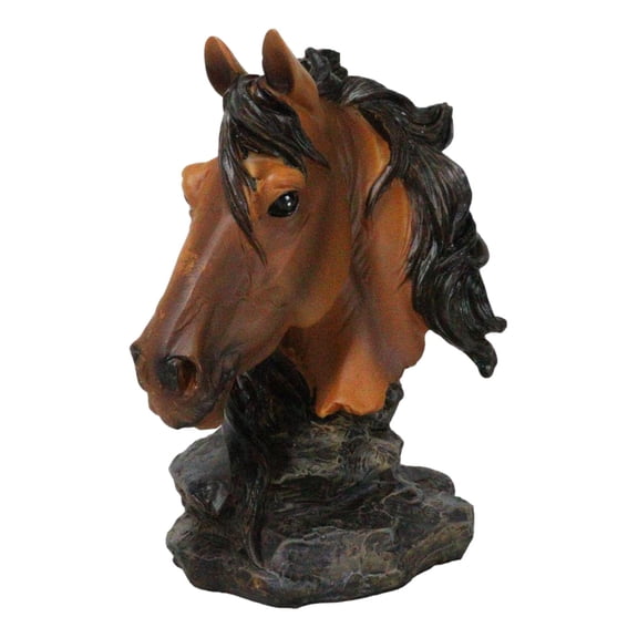 Wild and Free Brown Stallion Equine Horse Bust On Rocky Pillar Base Figurine