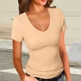 thumbnail image 2 of ZHYou Womens Shirts,Oversized,Short Sleeves,Pullover,Ribbed Fitted Basic V Neck Slim T Shirt Tops,Khaki,Size L, 2 of 6