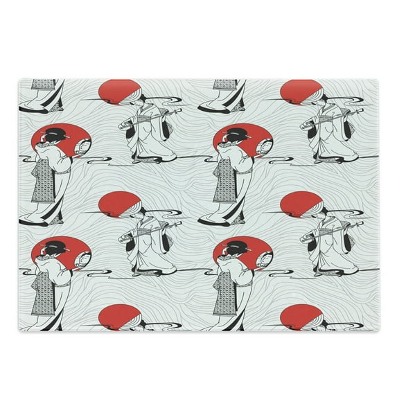 East Cutting Board, Japanese Geisha Girl with Traditional Style Kimono Folk Culture Illustration, Decorative Tempered Glass Cutting and Serving Board, Large Size, Black Red, by Ambesonne