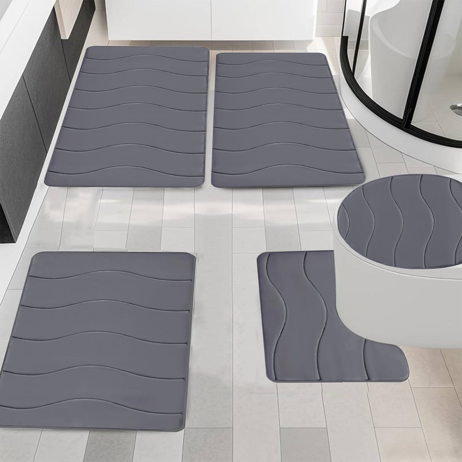 Outoloxit Bathroom Rugs Sets 3 Piece, Foam Bath Mat 5 Set Bathroom Rugs for 5 Pcs Toilet Mats Universal Soft Comfortable Water Absorption Non-Slip Thick Machine Washable Easier to Dry Dark