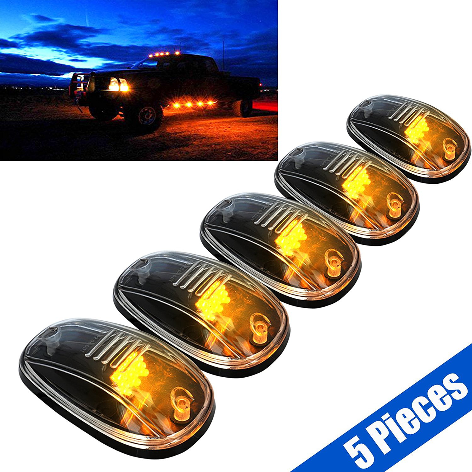 5pcs Clear LED Roof Top Truck SUV Cab Marker Running Clearance Lights Set Kit
