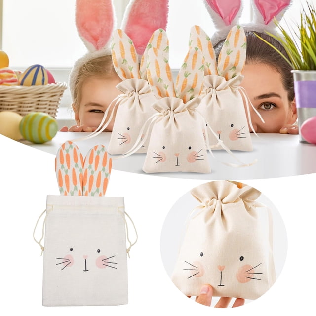 Hbdhejl Easter Bunny Cloth Bags Bunny Bags For Birthday Decoration For Easter Kids Party Linen Sweet Candy Beige Drawstring Bags Garden Tea Party Decorations