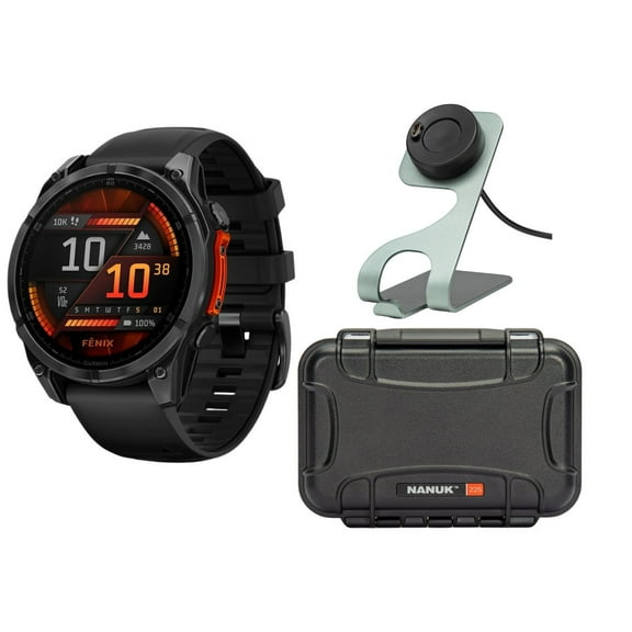 Garmin Fenix 8 51mm GPS Smartwatch with 1.4-Inch AMOLED Display (Slate Gray and Black) Bundle with Waterproof Hard Case (Black) and Focus Camera Charger Stand for Garmin Smartwatches (3 Items)