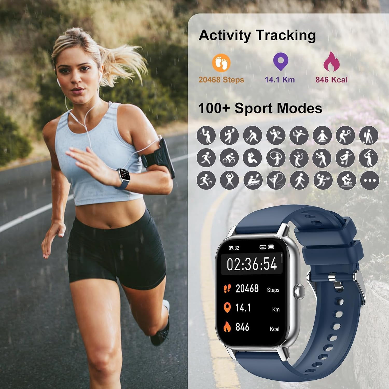 SupDevice Smart Watches for Women Men (Answer/Make Calls) Compatible with iPhone/Android Phones, 1.85" HD Screen Fitness Tracker Heart Rate Monitor 100+ Sports Tracker Watch Waterproof (Blue)