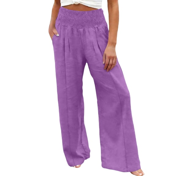 AzureSilk Women Linen Pants Elastic High Waist Wide Leg Pants Loose Palazzo Trousers with Pockets Wide Leg Pants For Women, Size S-2XL