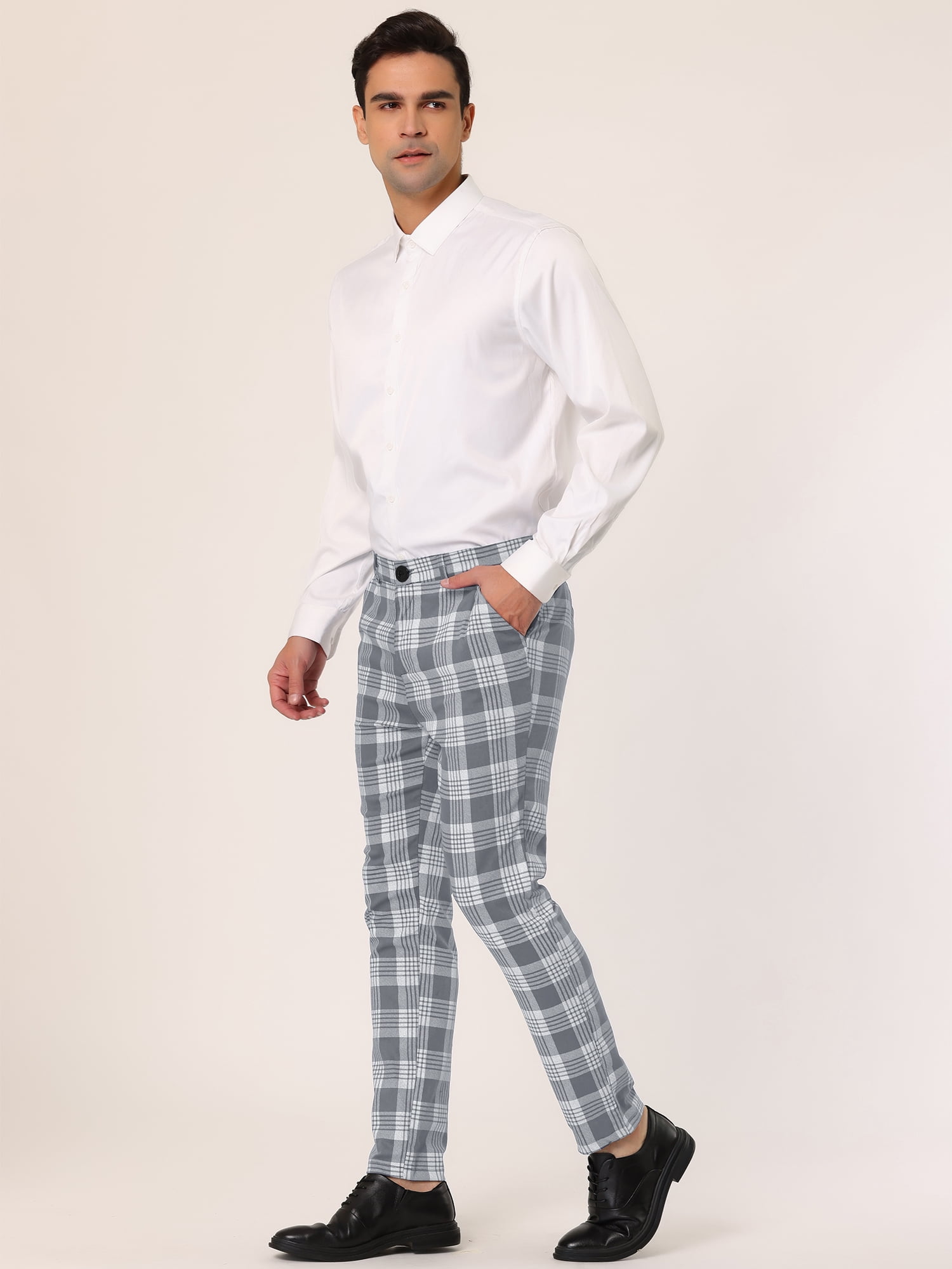 Unique Bargains Men's Plaid Dress Pants Casual Slim Fit Checkered Business Trousers 40 Gray