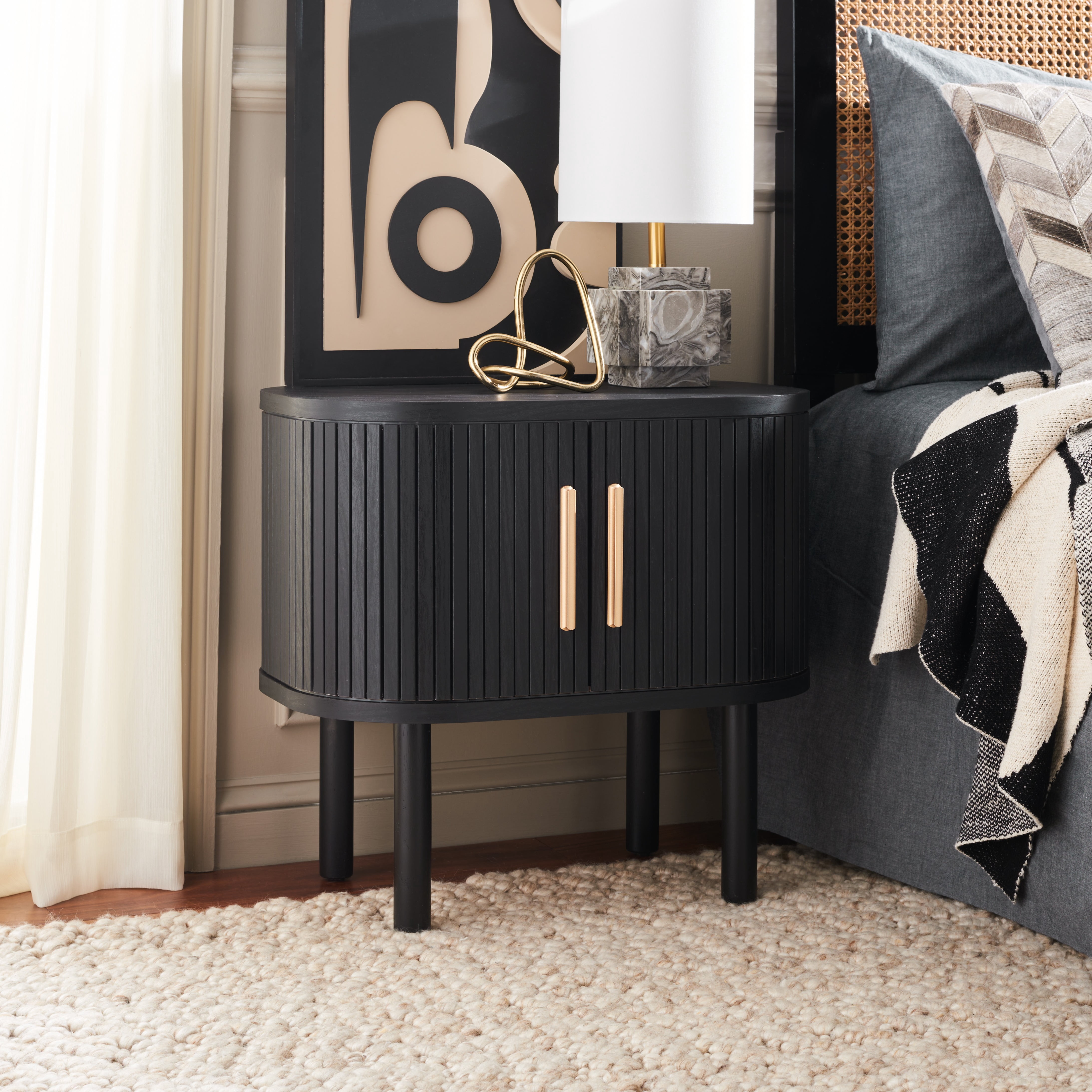 SAFAVIEH Tealla Contemporary Tambour Door Nightstand,Black/Gold
