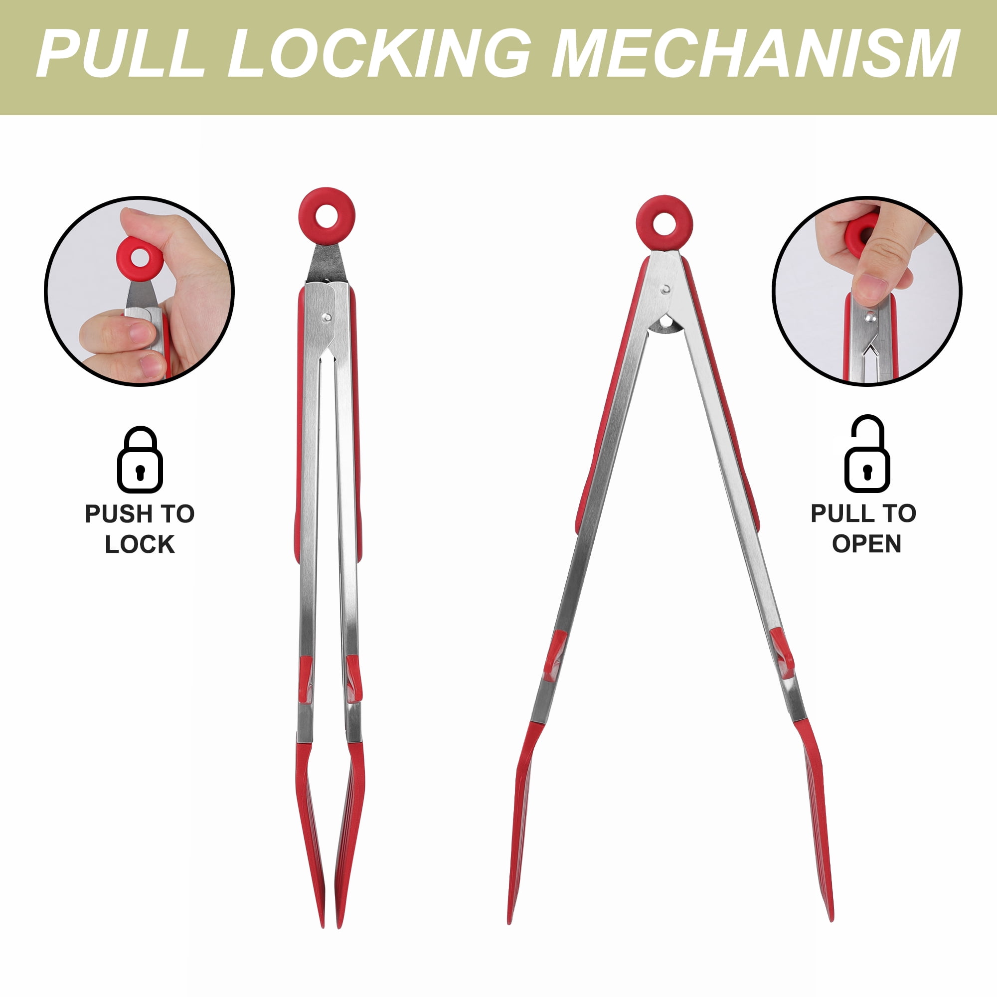 Unique Bargains Stainless Steel Silicone Kitchen Tongs for Barbeque, Cooking, Red, 12"
