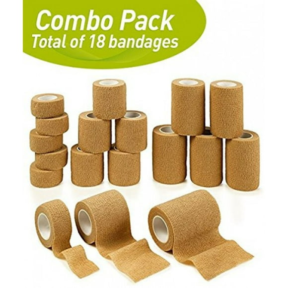 MEDca Tape Wrap, Self Adherent Rap Tape, Adhering Stick Bandage, Self Grip Roll 1 Inche 2 Inch and 3 inch X 5 YARDS 6 of Each Size Total of 18 Rolls "Skin Color"