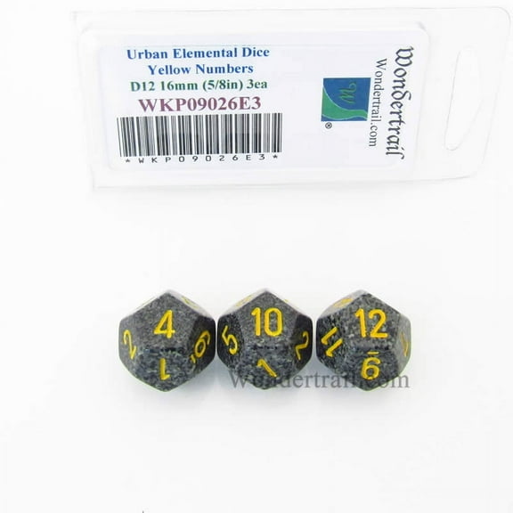 Urban Camo Elemental Dice with Yellow Numbers D12 16mm (5/8in) Pack of 3 Wondertrail