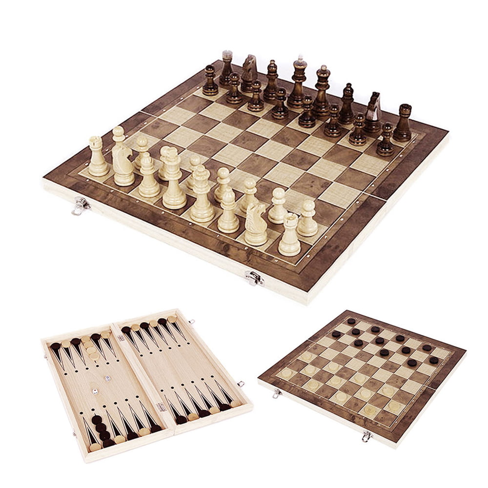Checkers and Backgammon Game Set 10 Inch Wooden 3-in-1 Chess with Folding Board 