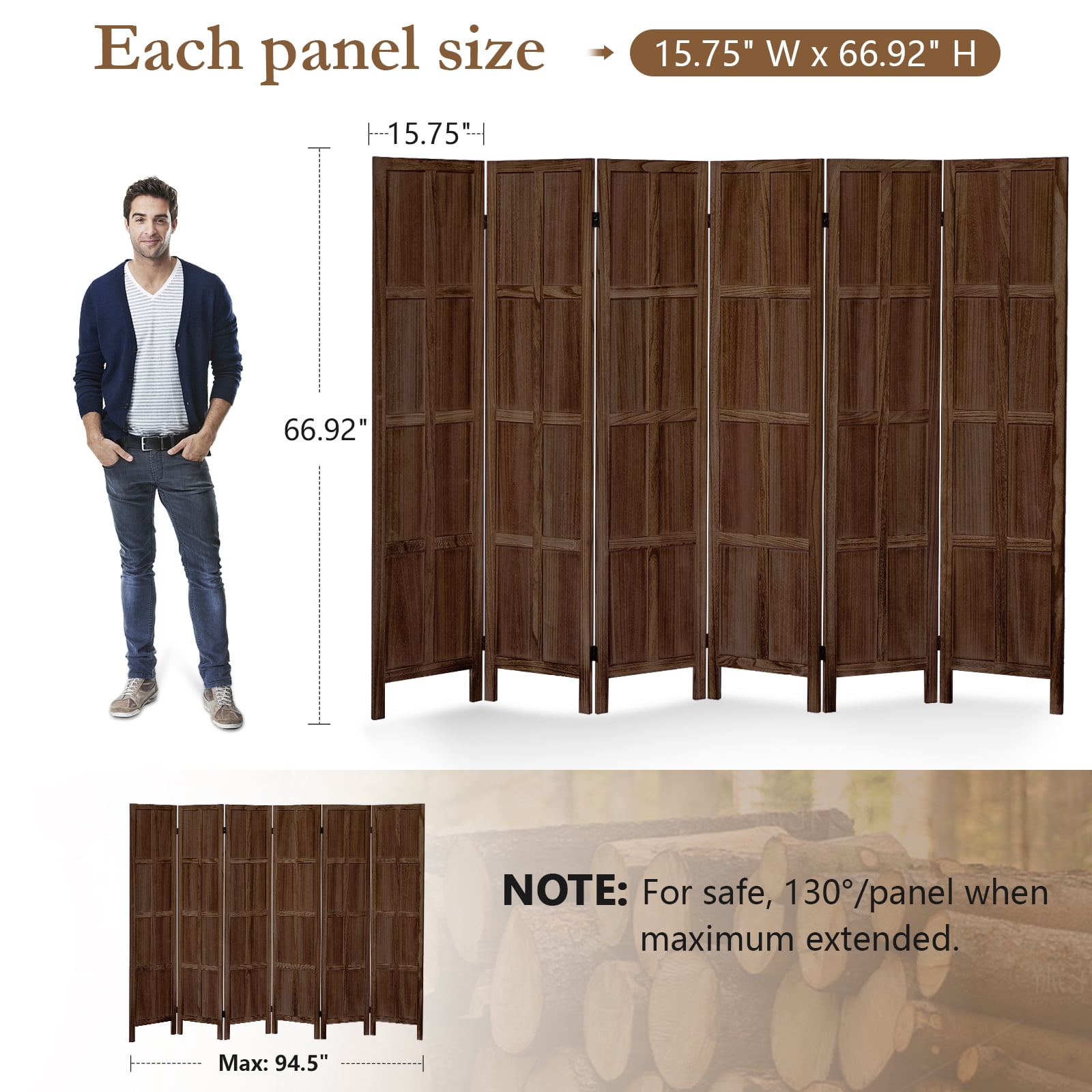Aletheiawu 6 Panel Room Divider Wall and Folding Privacy screen, No Installation Require, Dark Brown