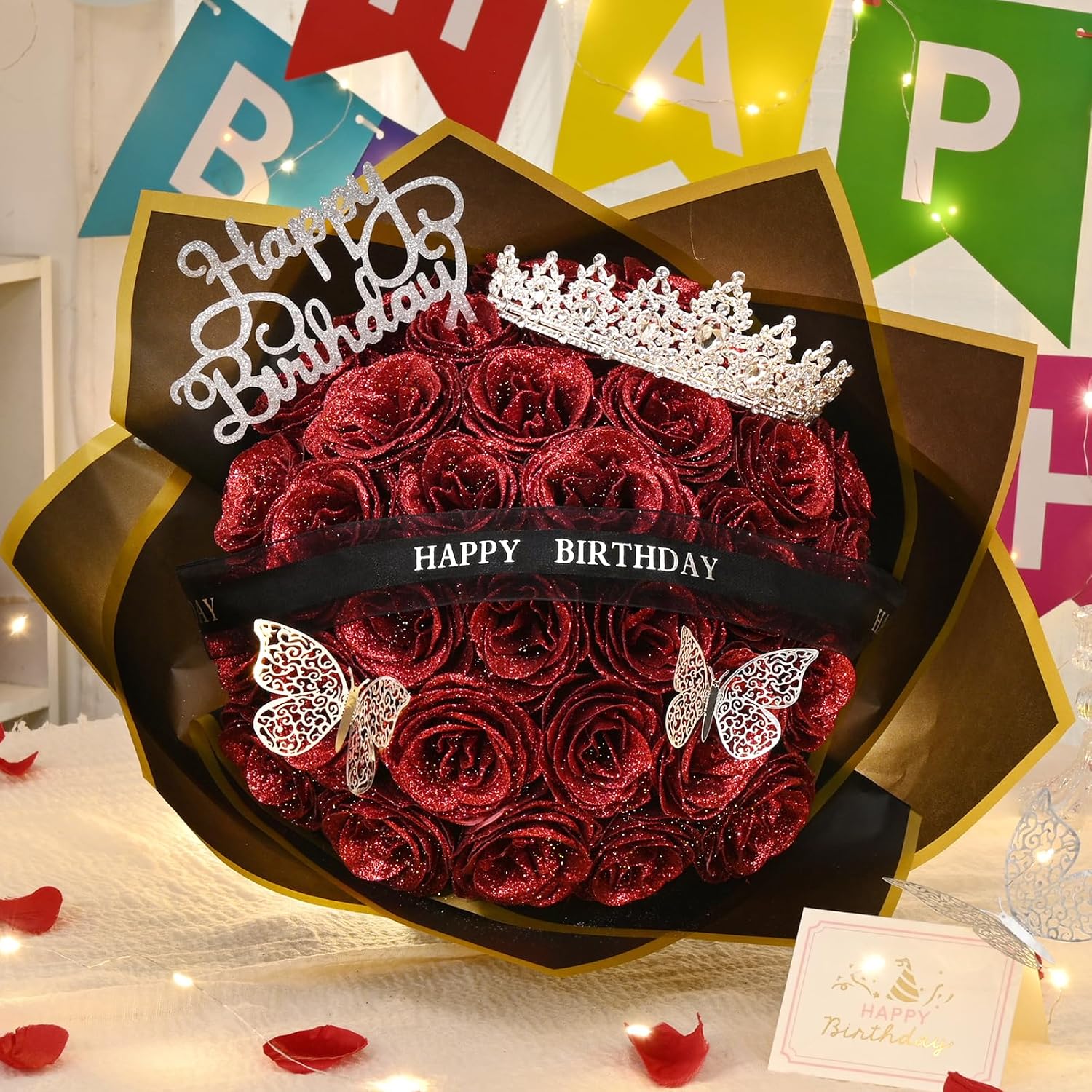 Yastouay Glitter Roses Bouquet, Fake Glitter Flowers Bouquet, Everlasting Shiny Artificial Rose Bouquet for Birthday Gift 36 Roses