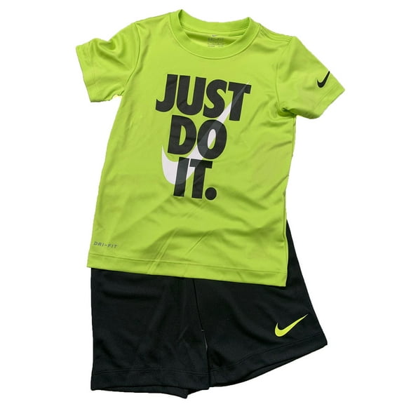 Nike Little Boys' 2 Piece Tee & Short Set, Just Do It, Black w/ Cyber, 7 Kids