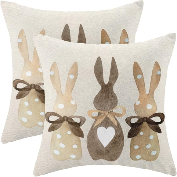 Housses de Coussin de Pâques 18 x 18 Pouces Ensemble de 2 pour Coussins Décoratifs Vintage à Pois Cœur d'Amour Lapin Coussins Décoratifs de Printemps Nœud Lapin Extérieur Style Ferme Étuis de Coussin Décoratifs pour Décoration de Canapé Lit