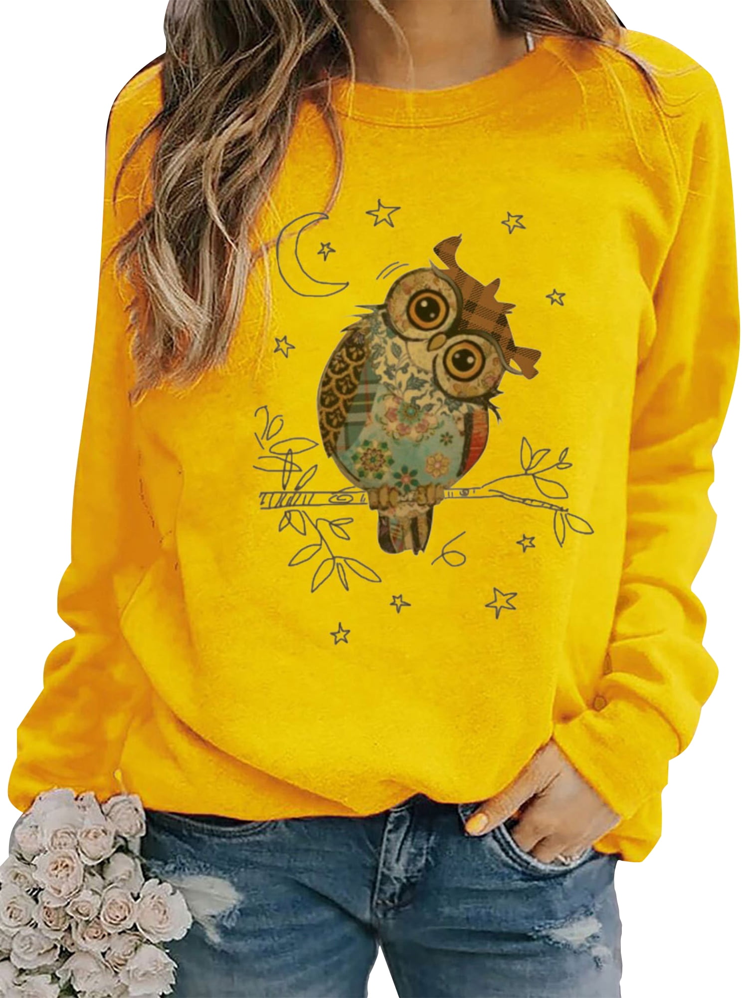 Womens Cute Owls Print 3/4 Sleeve Crew Neck Top Tshirt