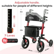 COSYWILL Walkers for Seniors,Foldable Rollator Walker with Seat,Mobility Walkers with 10 Big Wheels, Adjustable Handles and Backrest Height,Light Red