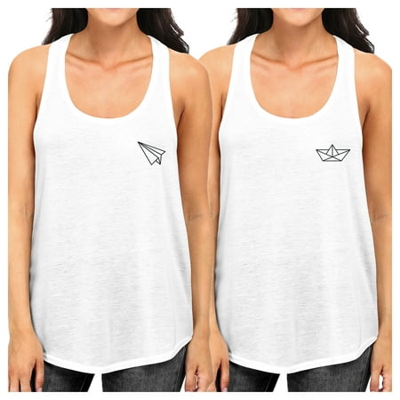 Origami Plane And Boat Black Womens Matching Best Friends Tank (Best Shoes To Wear On A Plane)